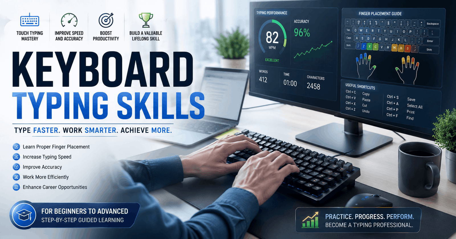 Professional course banner for Keyboard Typing Skills showing typing practice and ergonomic posture setup