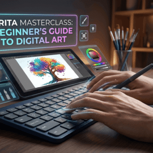 Krita Course image showing a beginner creating colourful digital artwork with brushes, layers and drawing tools.