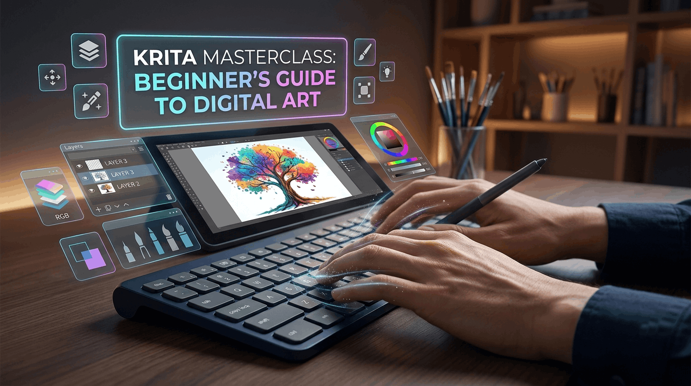Krita Course image showing a beginner creating colourful digital artwork with brushes, layers and drawing tools.