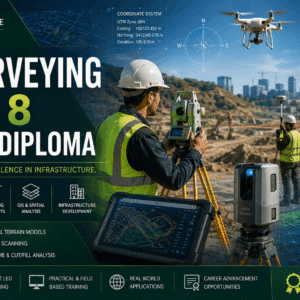 Professional land surveying course banner showing surveyors using GPS, drones, mapping tools and construction site measurements