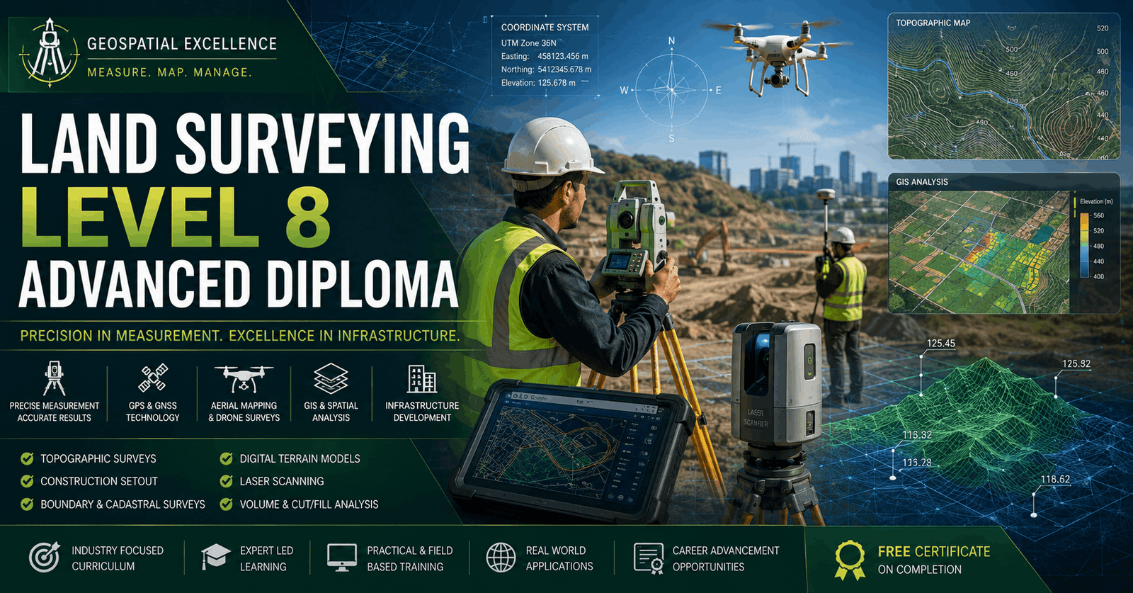 Professional land surveying course banner showing surveyors using GPS, drones, mapping tools and construction site measurements