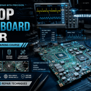 Professional course banner for Laptop Motherboard Repair showing motherboard diagnostics and repair tools