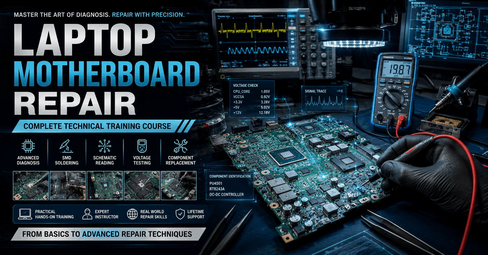 Professional course banner for Laptop Motherboard Repair showing motherboard diagnostics and repair tools
