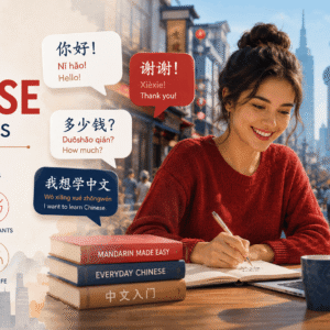 Learn Chinese Beginners course visual with Mandarin characters, speech bubbles and everyday conversation scenes.
