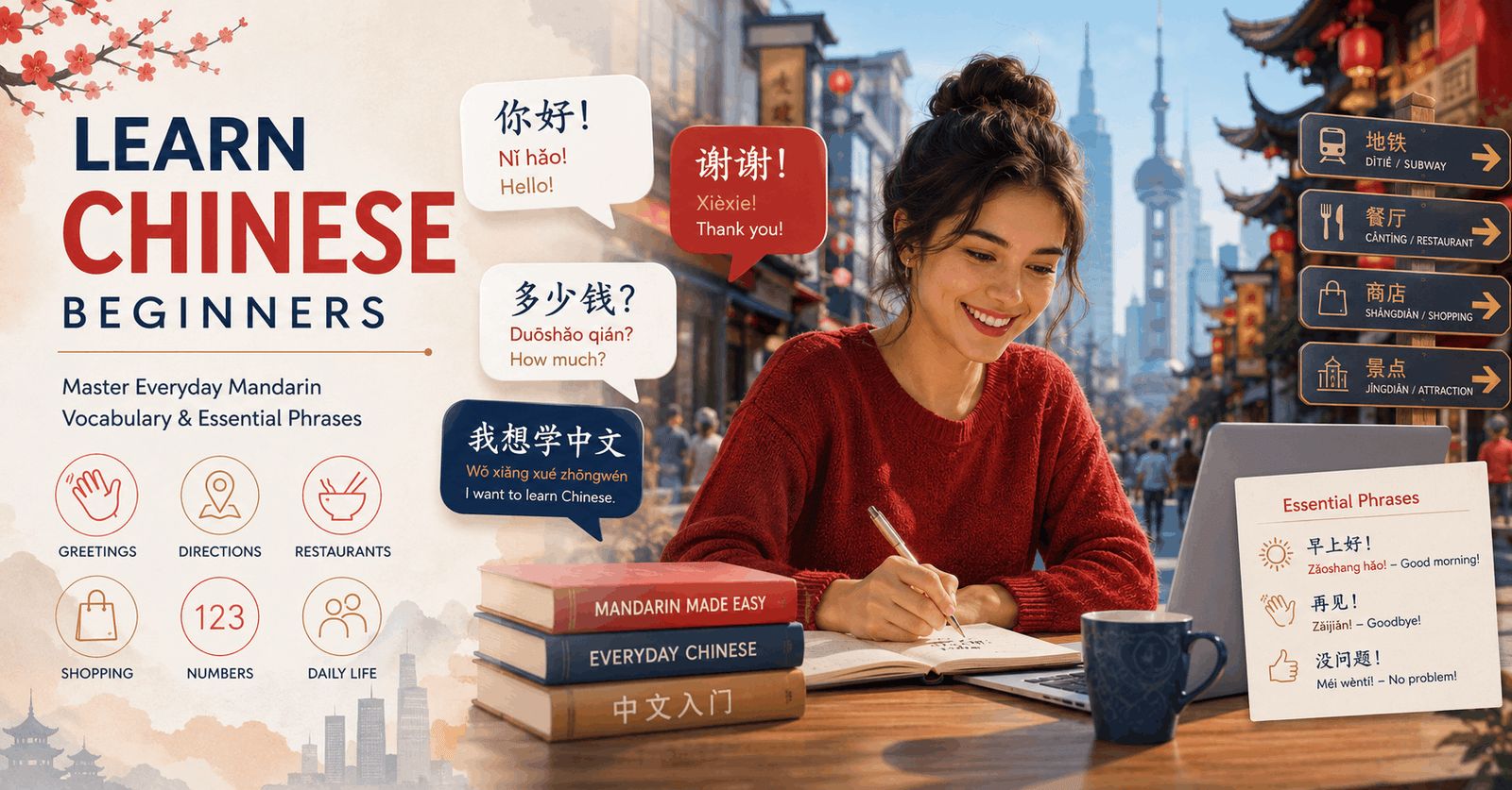 Learn Chinese Beginners course visual with Mandarin characters, speech bubbles and everyday conversation scenes.