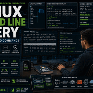 Student learning Linux command line with terminal commands system monitoring and server administration tools