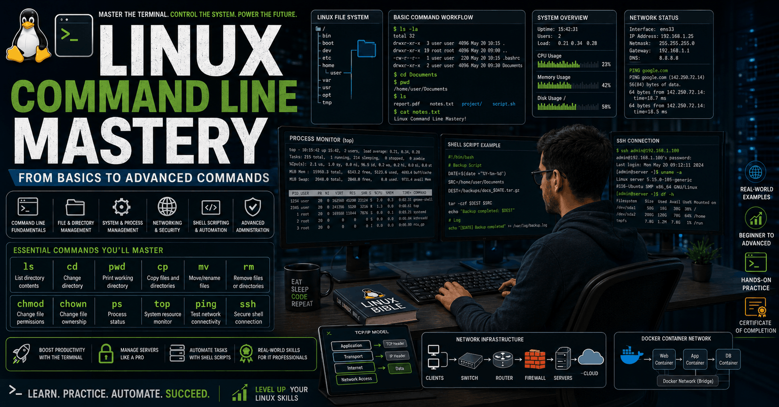 Student learning Linux command line with terminal commands system monitoring and server administration tools