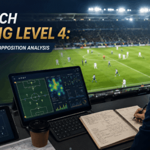Live match scouting professional analysing football tactics and opposition patterns during a competitive match