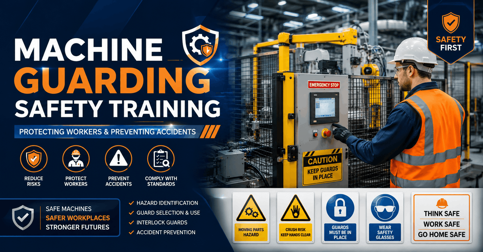 Workers using industrial equipment with machine guarding safety systems in a secure workplace environment
