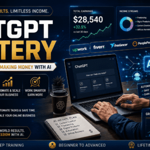 Make money with AI banner showing ChatGPT, freelancing, content creation, digital income, and AI productivity tools