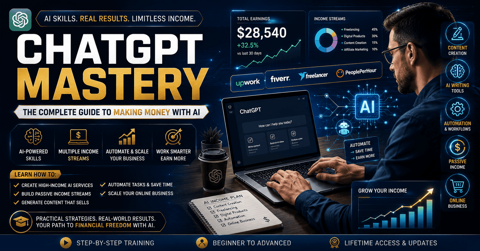 Make money with AI banner showing ChatGPT, freelancing, content creation, digital income, and AI productivity tools