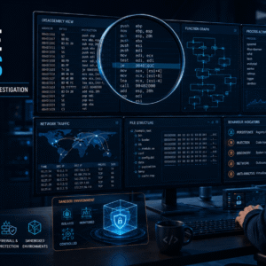 Malware Analysis Course visual showing secure code analysis, assembly instructions, network data and reverse engineering tools.