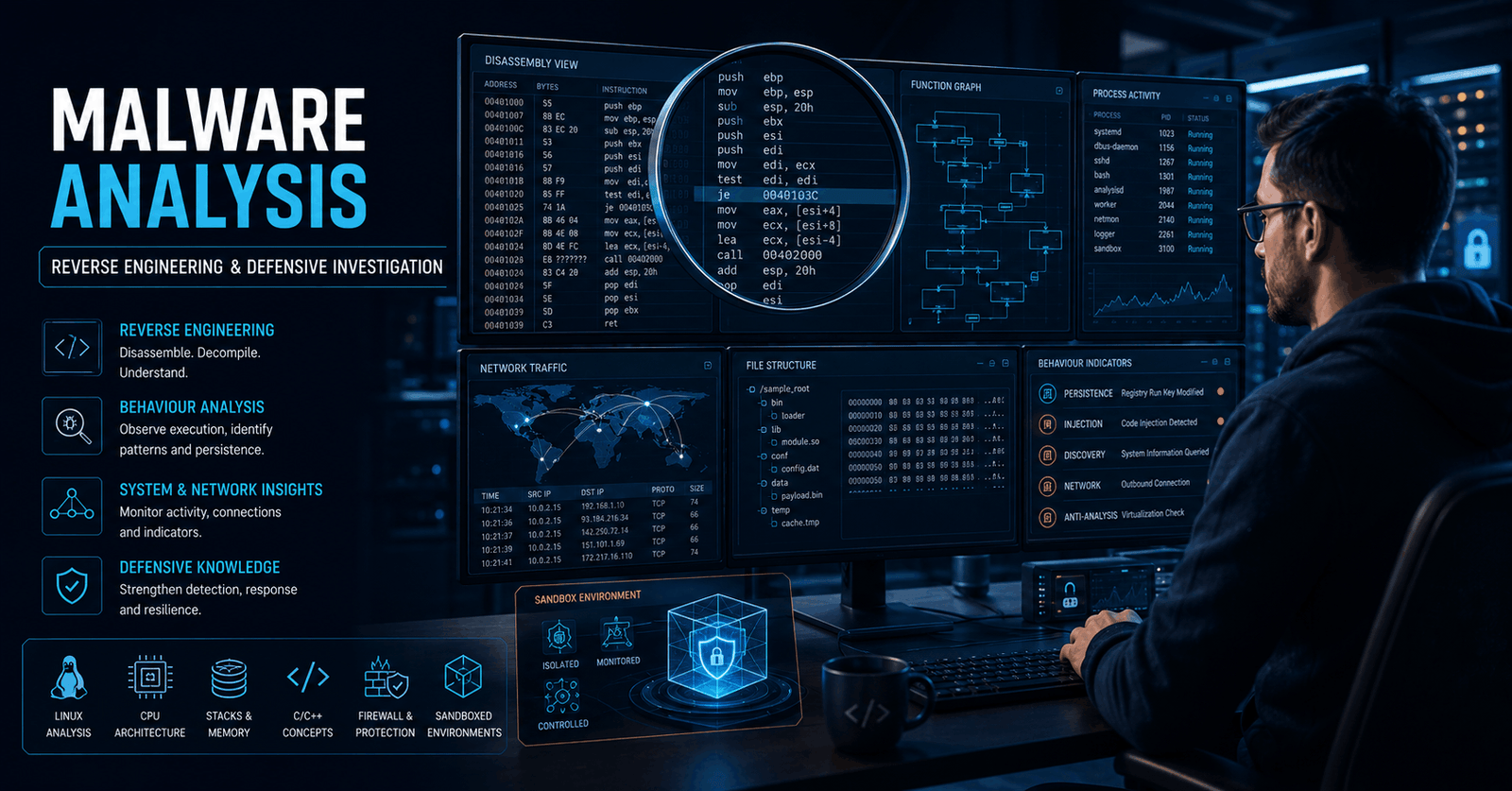 Malware Analysis Course visual showing secure code analysis, assembly instructions, network data and reverse engineering tools.