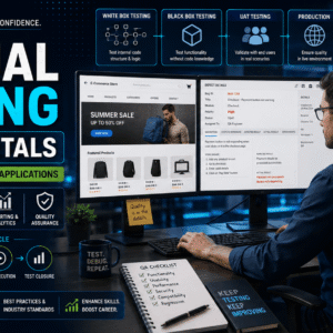 Software tester learning manual testing course concepts using QA dashboards and live application testing tools