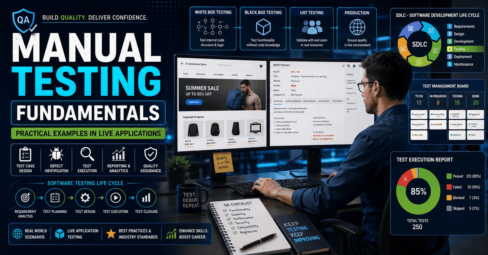 Software tester learning manual testing course concepts using QA dashboards and live application testing tools