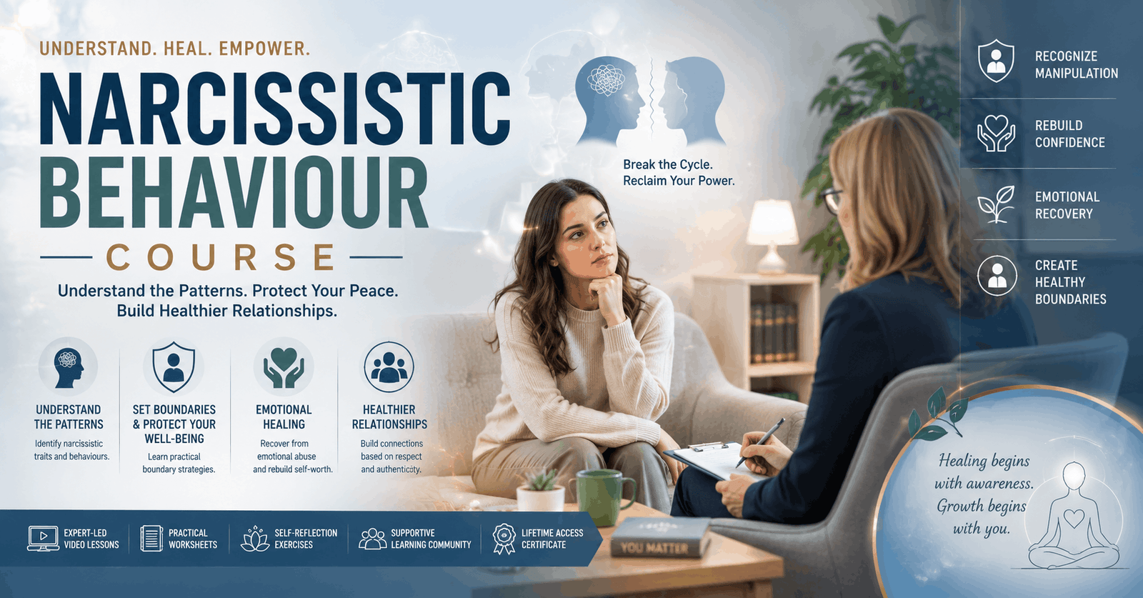 Narcissistic Behaviour Course banner showing emotional healing, relationship awareness, and mental health support visuals