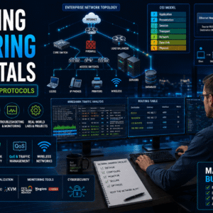 Student learning networking engineering course with protocol analysis, network diagrams, and traffic monitoring tools