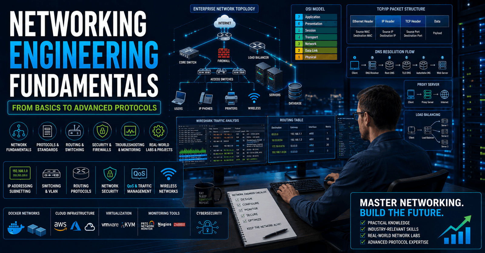 Student learning networking engineering course with protocol analysis, network diagrams, and traffic monitoring tools
