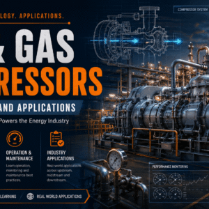 Professional course banner for Oil Gas Compressors showing industrial compressors in oil and gas facilities