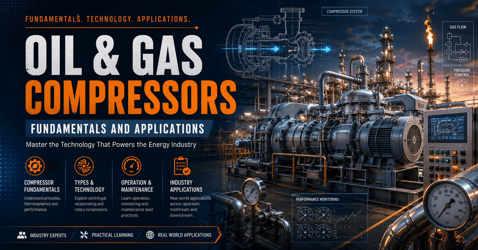 Professional course banner for Oil Gas Compressors showing industrial compressors in oil and gas facilities