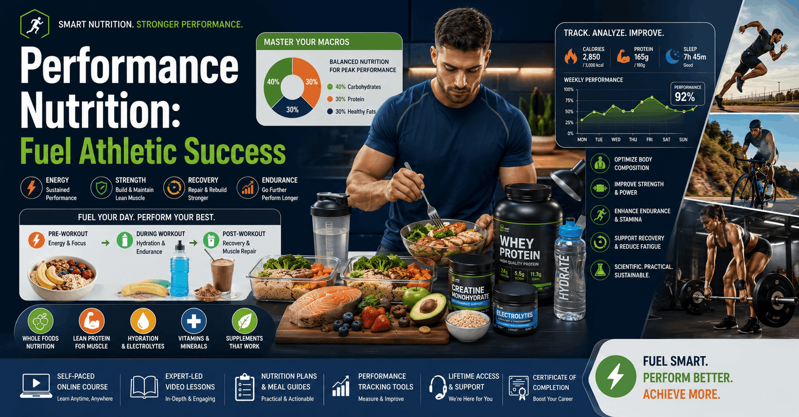 Performance Nutrition Course showing athlete meal planning, sports supplements, and nutrition strategies for athletic performance