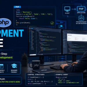 PHP Development Course showing coding lessons, PHP syntax, functions, and beginner-friendly web development training