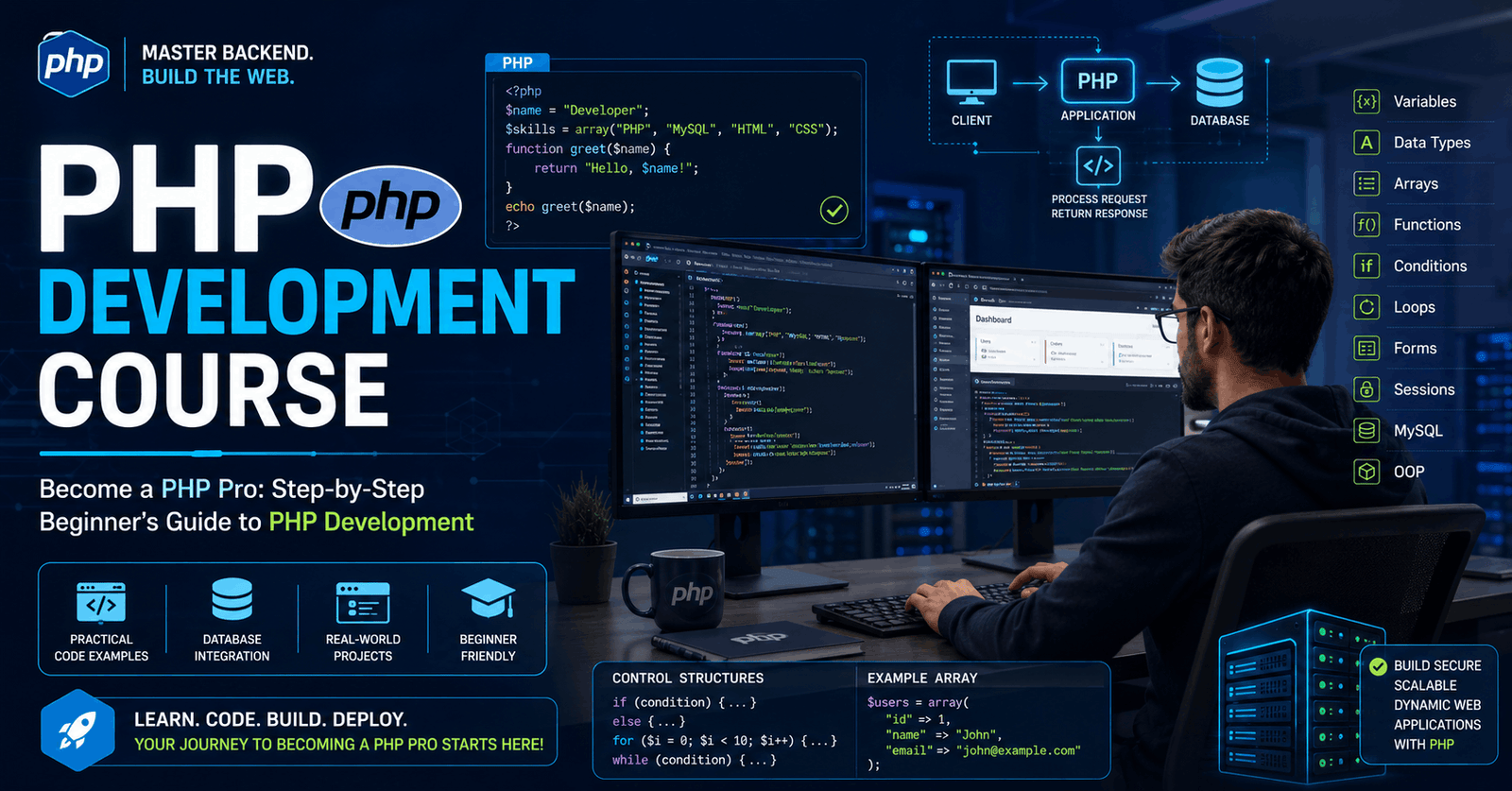 PHP Development Course showing coding lessons, PHP syntax, functions, and beginner-friendly web development training