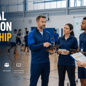 Physical Education Leadership professional managing a PE team and planning sports activities in a modern education setting