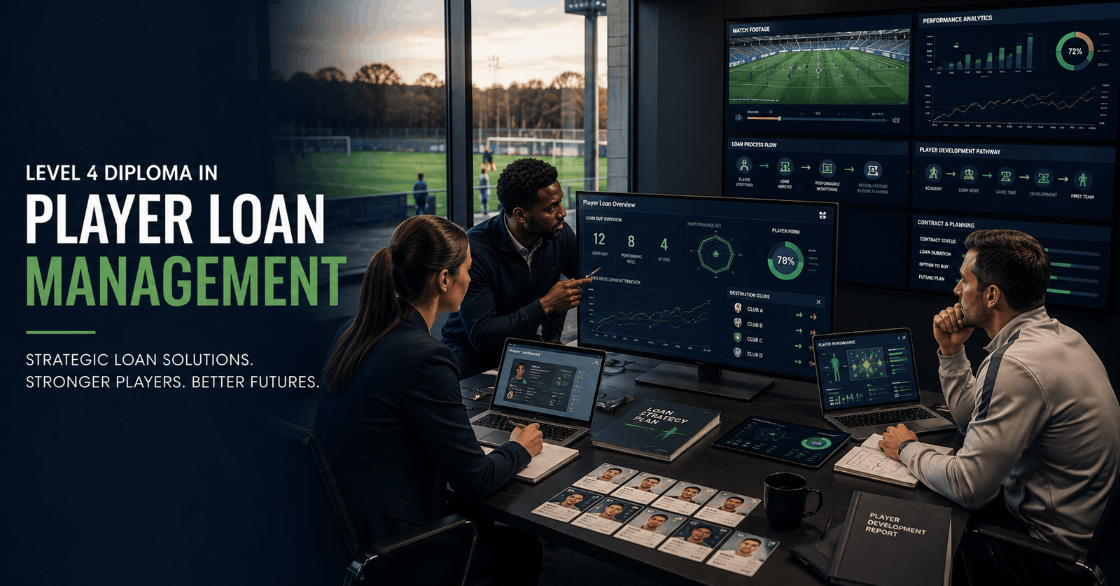 Football professionals using data and video analysis for Player Loan Management and performance tracking.