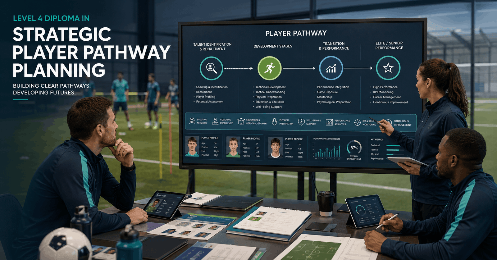 Sports professionals using Player Pathway Planning to map talent development, coaching and athlete progression.