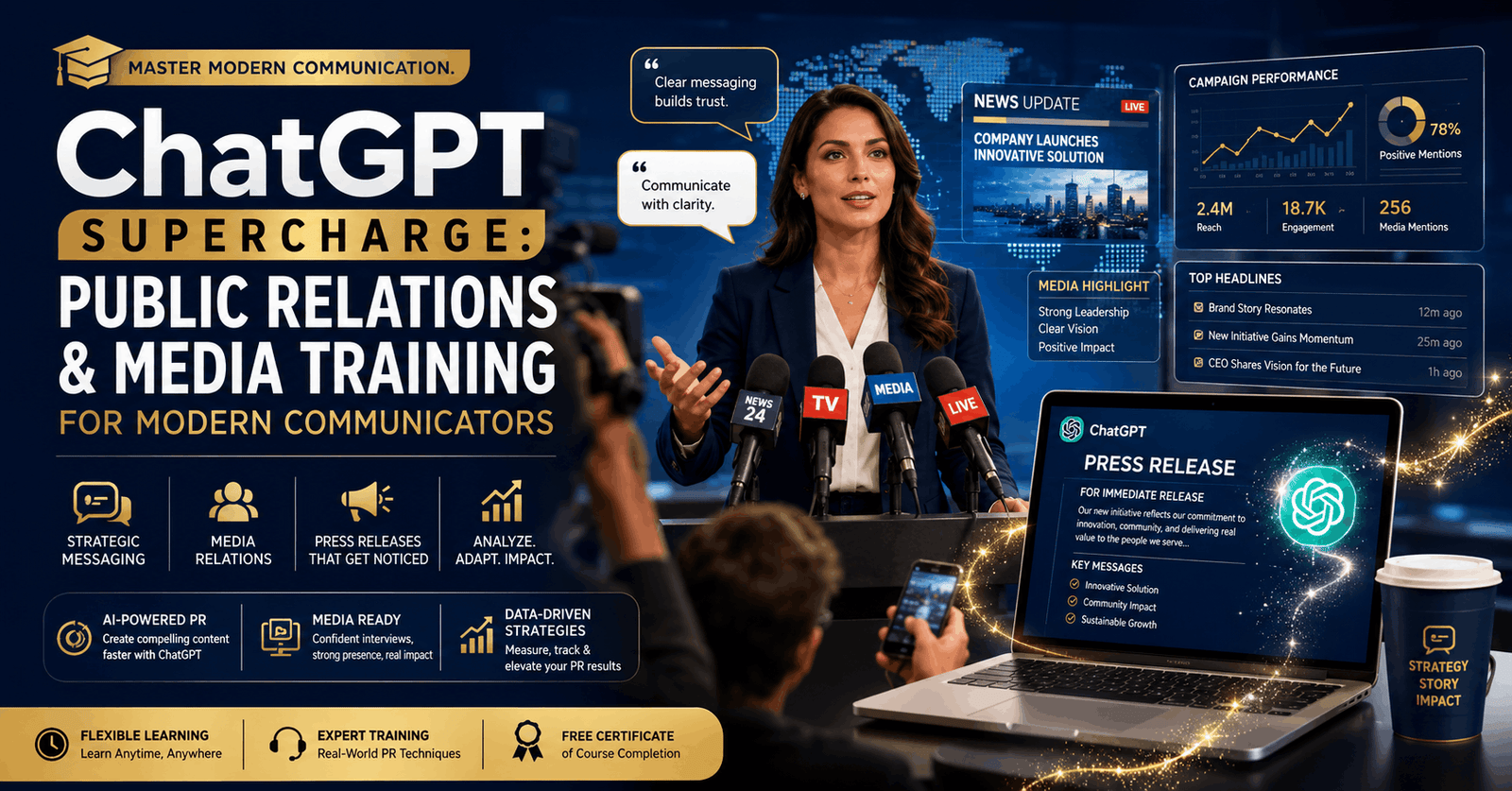 PR media training banner featuring ChatGPT, press release writing, media communication, and digital PR strategy tools
