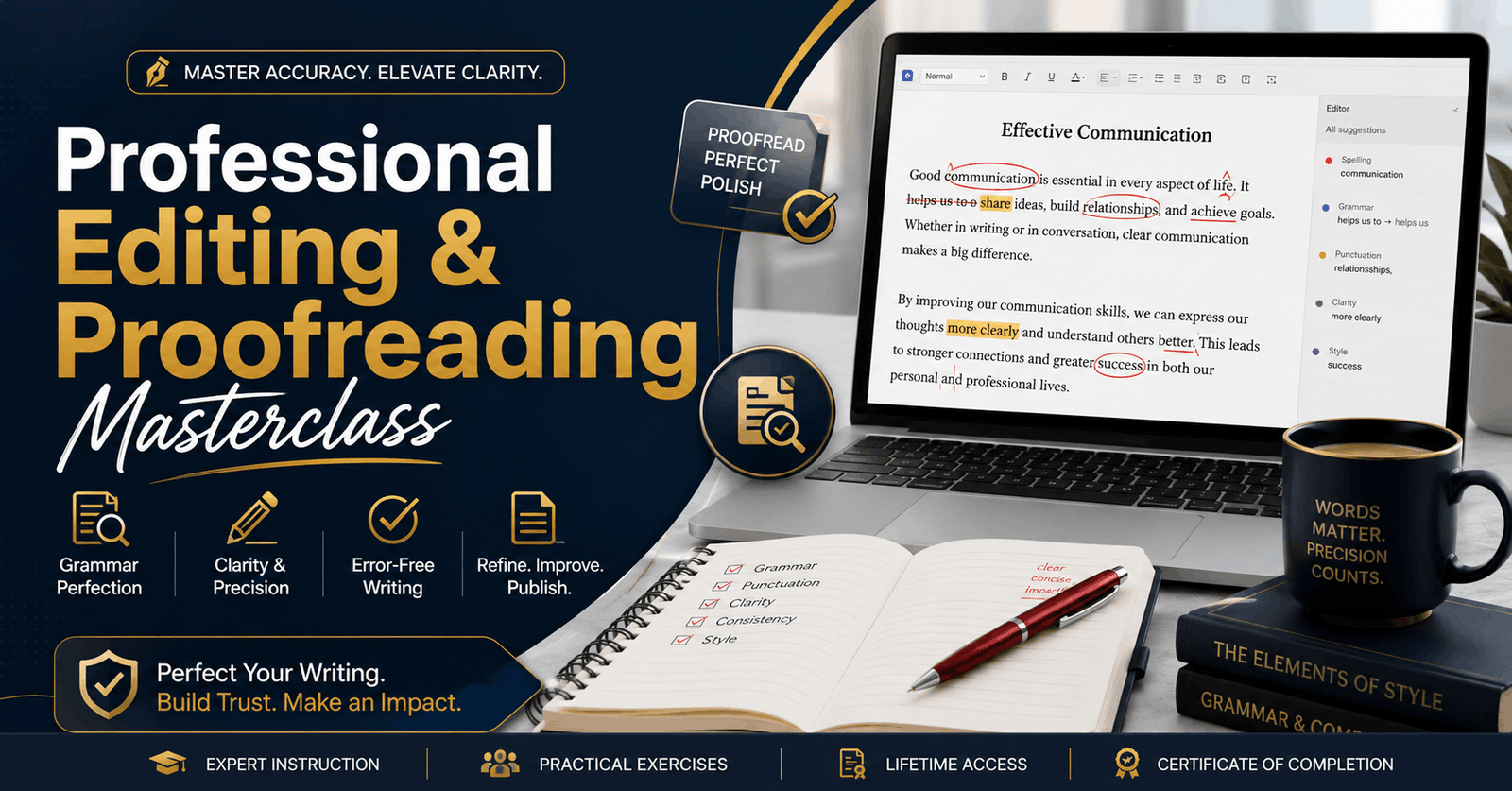Professional editing course banner showing proofreading, editing, and content optimization tools for accurate writing