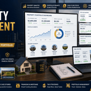 Professional property investment course banner showing real estate portfolio growth charts and investment planning tools