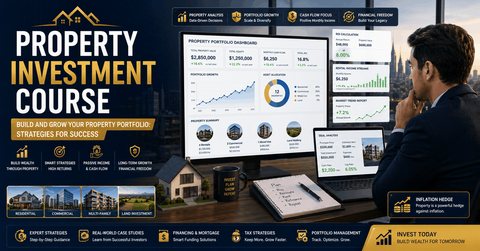 Professional property investment course banner showing real estate portfolio growth charts and investment planning tools