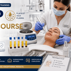 PRP Facial Course showing aesthetic microneedling, platelet rich plasma treatment, skincare tools, and clinical training setup