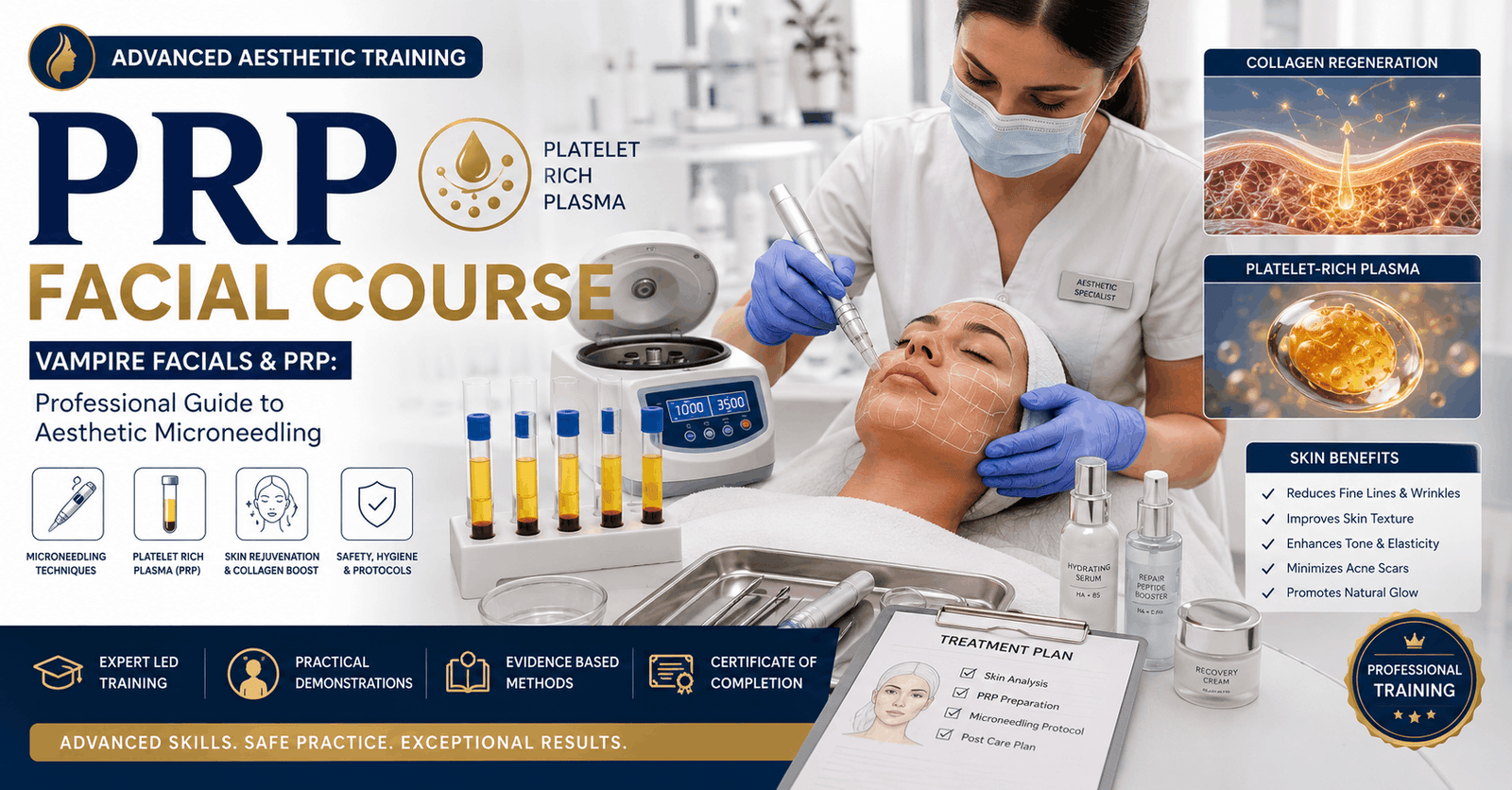 PRP Facial Course showing aesthetic microneedling, platelet rich plasma treatment, skincare tools, and clinical training setup
