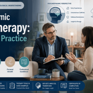 Psychodynamic Psychotherapy Course showing therapist and client in therapy session with psychological concepts and mind analysis visuals