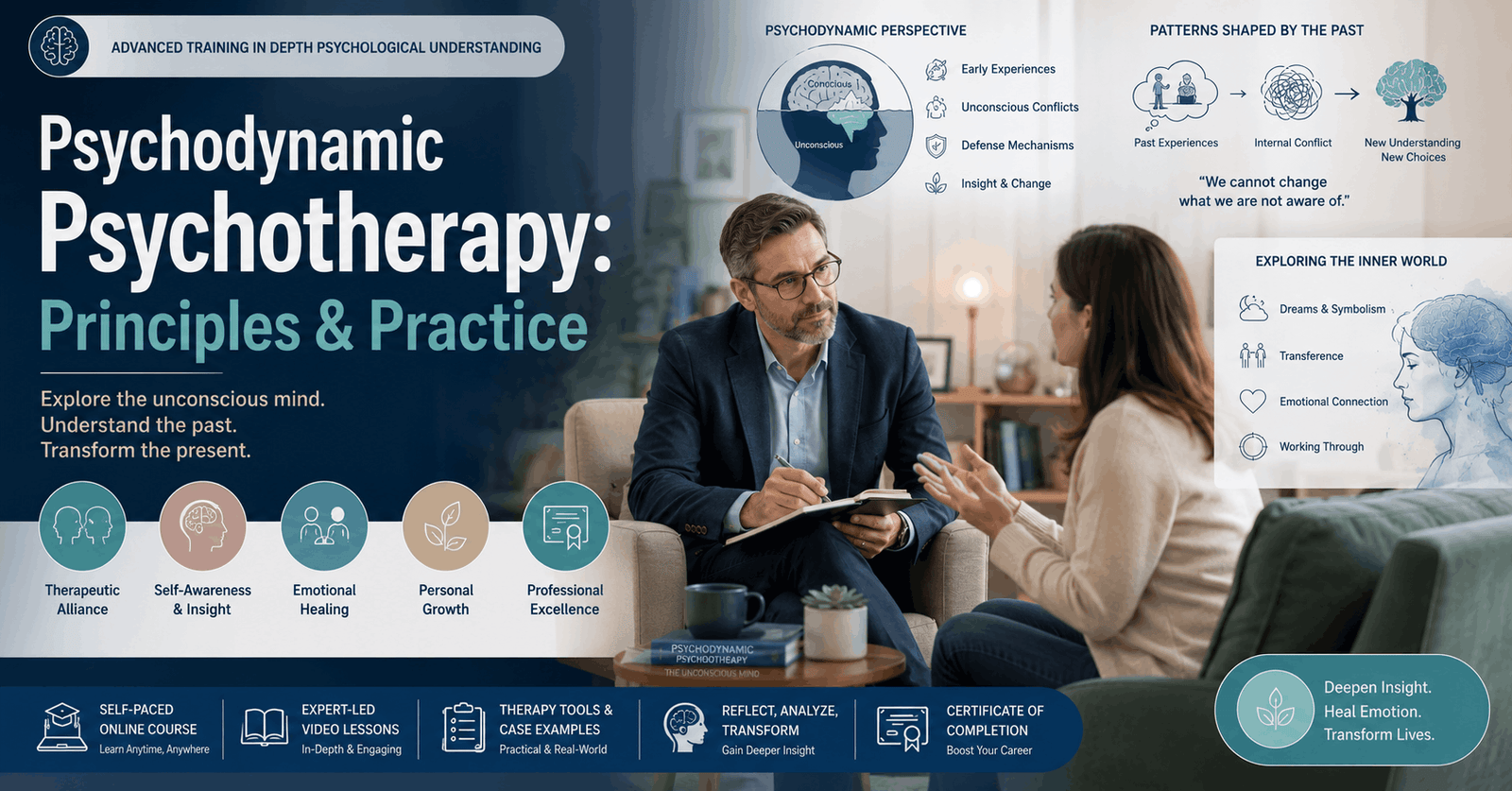 Psychodynamic Psychotherapy Course showing therapist and client in therapy session with psychological concepts and mind analysis visuals