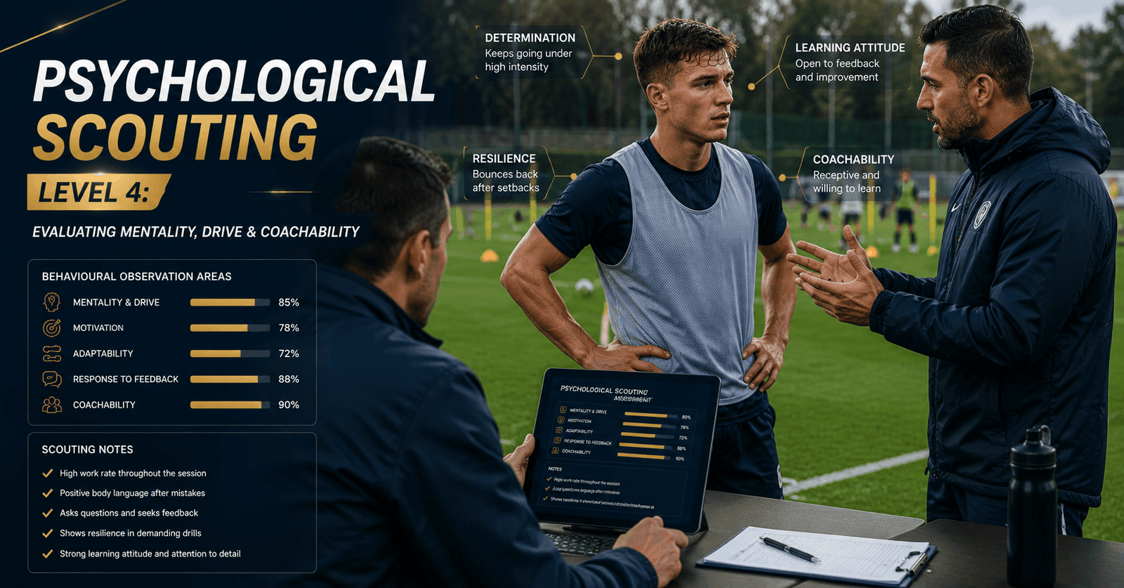Psychological scouting professional evaluating an athlete’s mentality, motivation and coachability during training