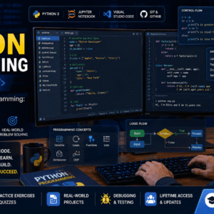Professional Python programming course banner showing coding workspace with Python code and development tools