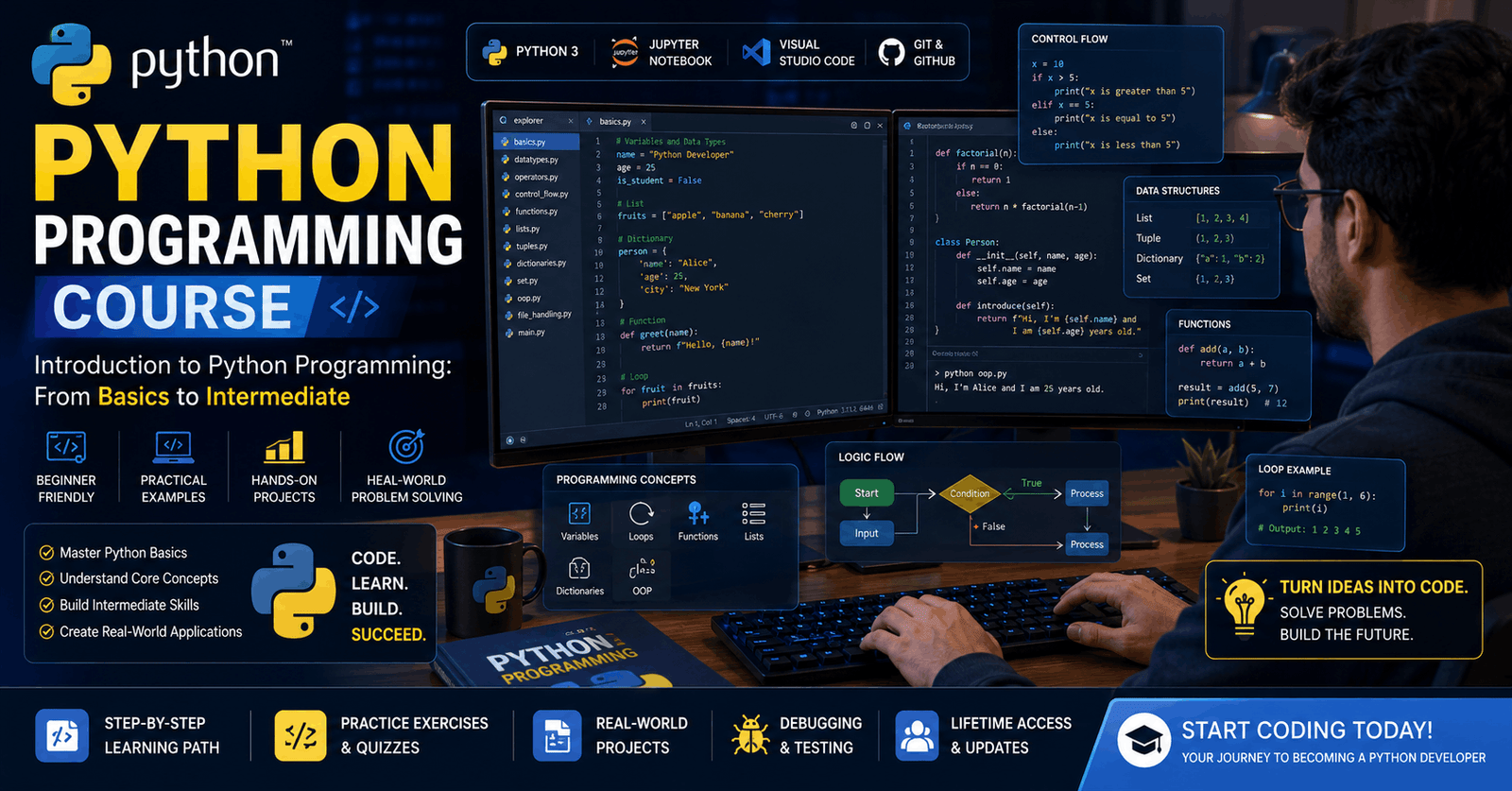 Professional Python programming course banner showing coding workspace with Python code and development tools