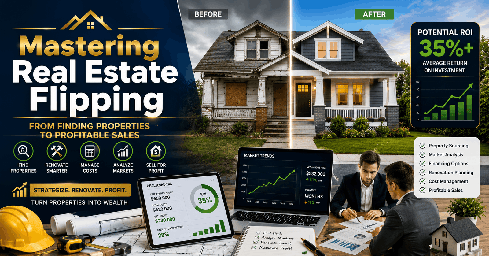Real estate flipping course showing renovated house, property charts, and investment analysis tools