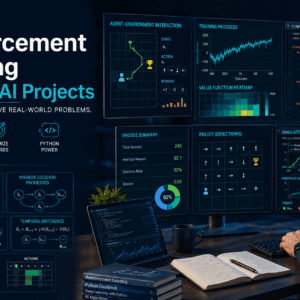 Developer learning reinforcement learning Python with AI agents, algorithms, data charts and trading simulations