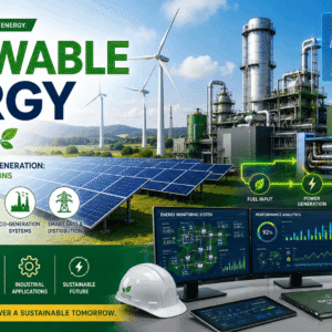 Renewable Energy Course showing solar panels, wind turbines, co-generation systems, and sustainable energy technology training