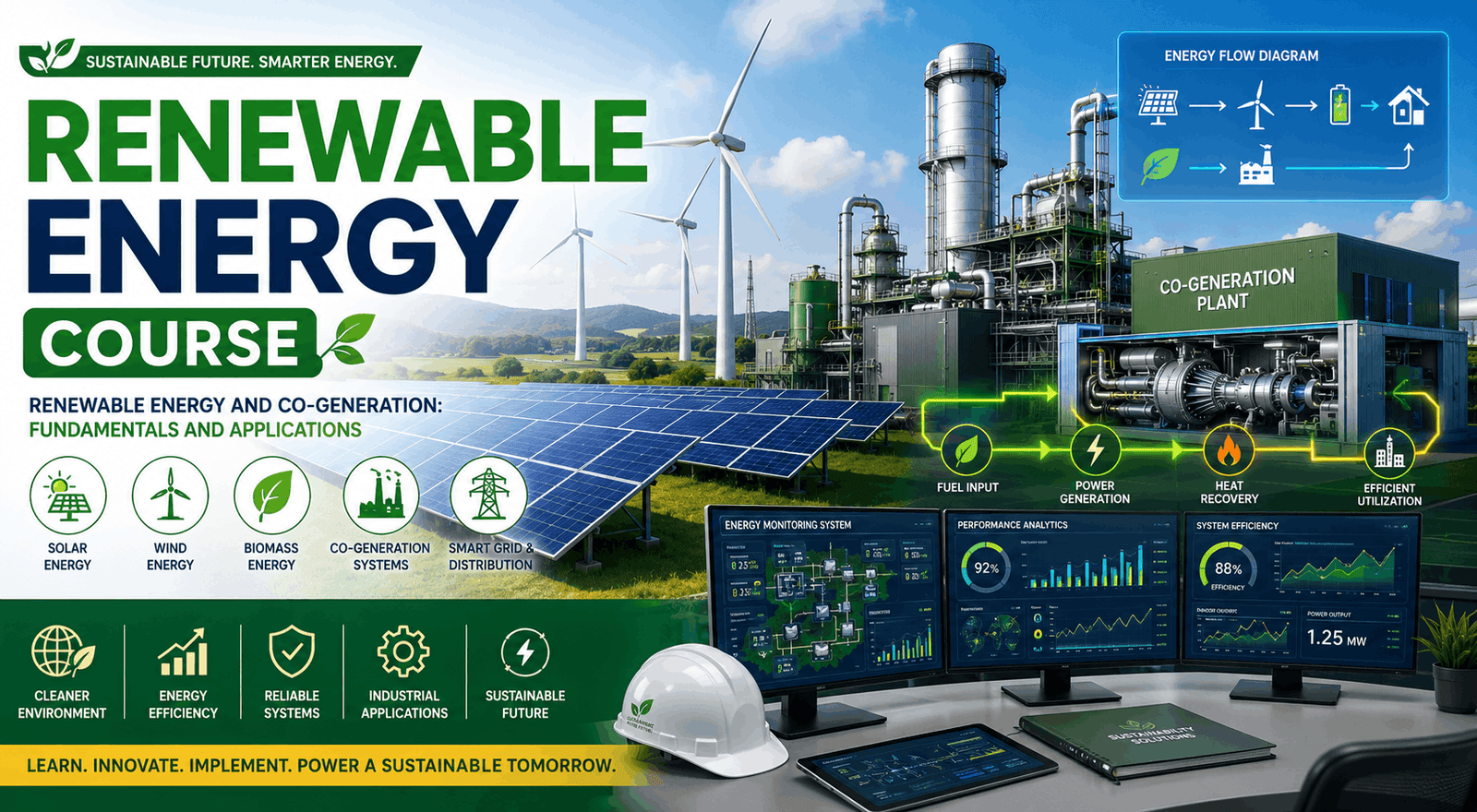 Renewable Energy Course showing solar panels, wind turbines, co-generation systems, and sustainable energy technology training