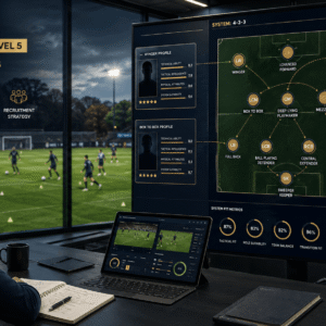 Role-based scouting professional analysing player profiles, tactical positions and suitability for a football system