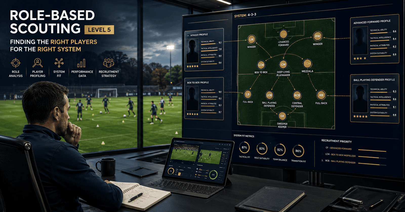 Role-based scouting professional analysing player profiles, tactical positions and suitability for a football system