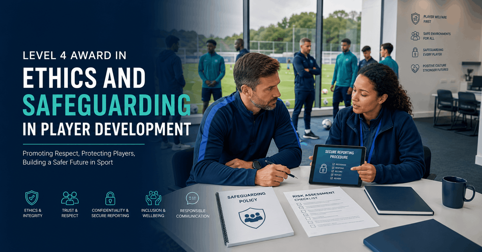 Coach and welfare professional discussing Safeguarding in Sport within a safe player development environment.