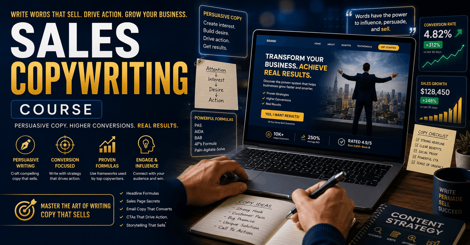 Sales copywriting course banner with persuasive sales page design, conversion metrics, and digital marketing elements