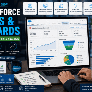 Learner using Salesforce reports course dashboards analytics charts and business reporting tools for data analysis